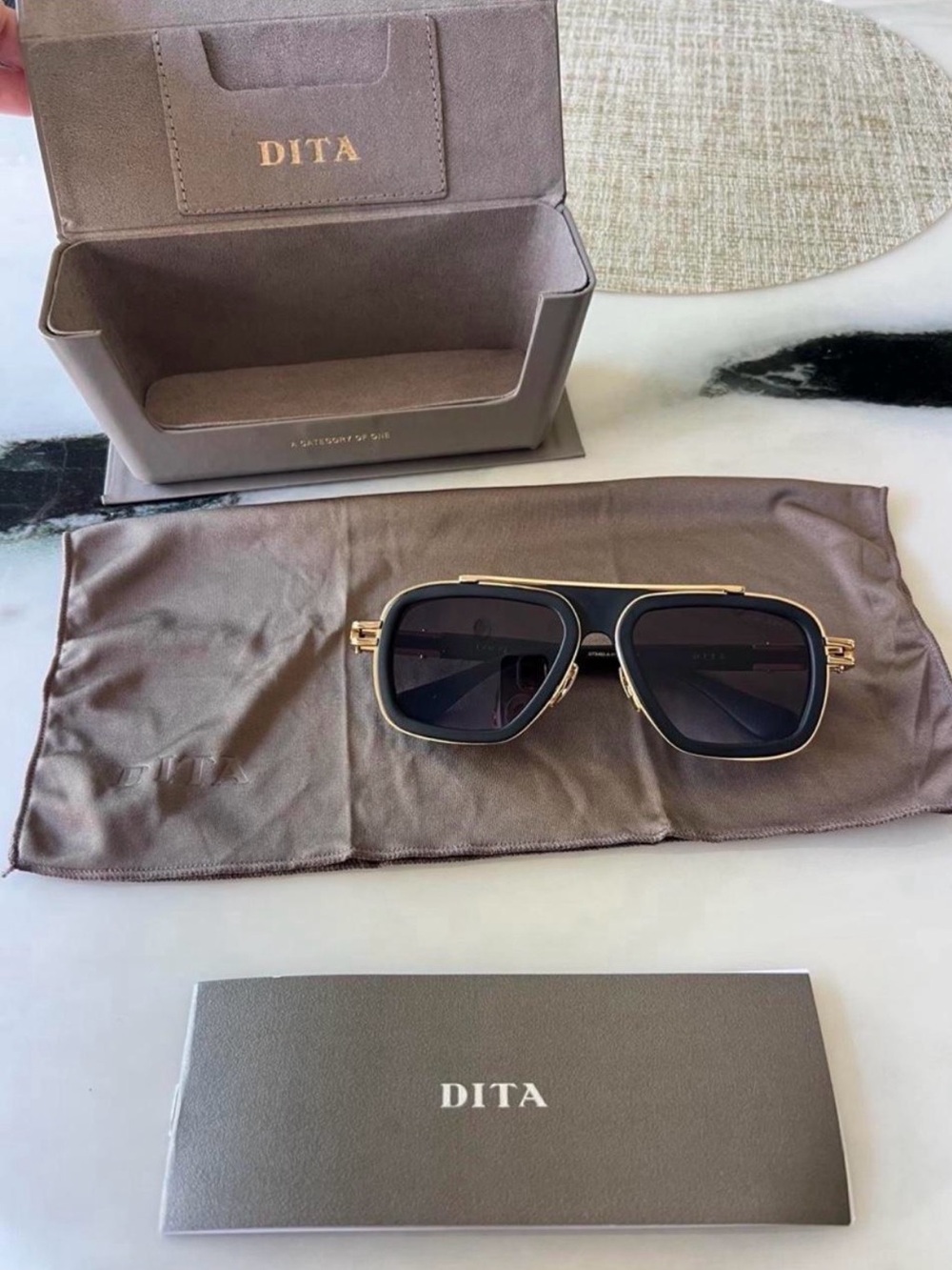 DITA Black and Gold Aviator Sunglasses with Case and Pouch